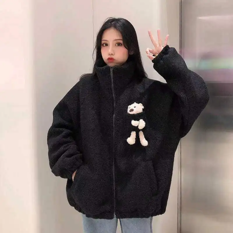 Women\'s Bear Jacket Solid Color Stand-up Collar Casual Spring Korean Version Of Cute Bear Plus Velvet Thick Street Jacket 2022