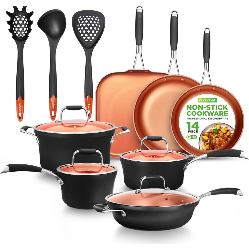 

14-Piece Copper Non-Stick Cookware Set - Stackable Pots and Pans with Lids, 3-Layer Coating, All Cooktop Compatible, H