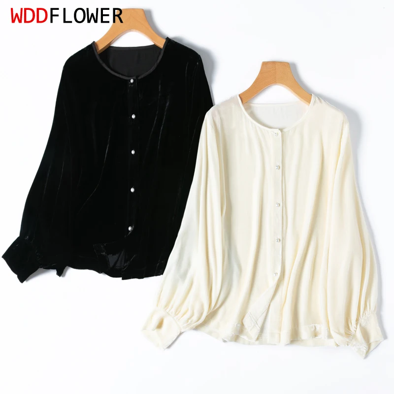 Women 100% Mulberry Silk Lining Velvet Long Sleeve Shirt Black White O Neck Buttons Down Top Blouse Office Lady M1223