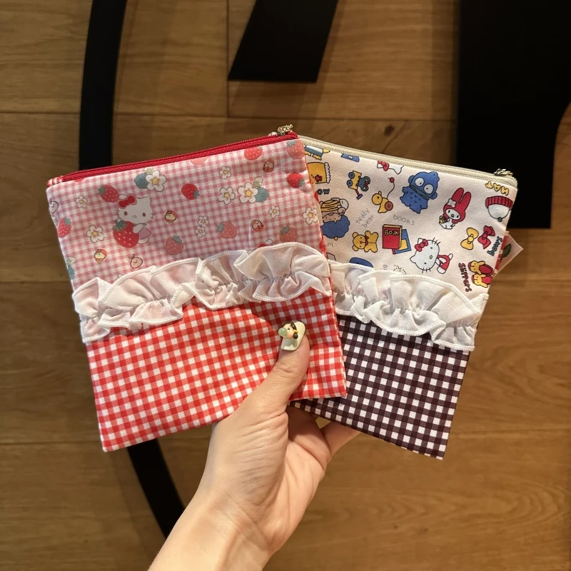 

hello kitty cute cartoon leopard print cotton lace edge makeup bag passport card clip coin wallet lipstick headphone storage bag