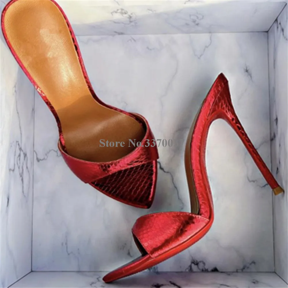 Sexy Snake Leather Slippers Linamong Summer Pointed Open Toe Gold Silver Pattern Leather Stiletto Heel Sandals Dress Heels