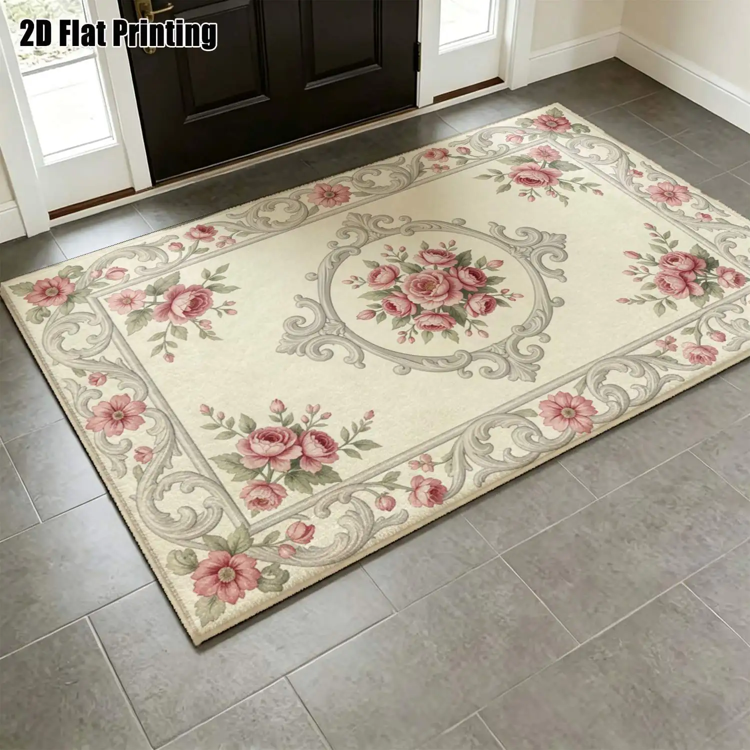 1Pc 2D Printed Pink Rose Cluster Carpet: European Vintage Style, Home Decor, Multi-Size, Machine Washable, for Entryway, Dining Room, Foyer, Study, Living Room, Bedroom