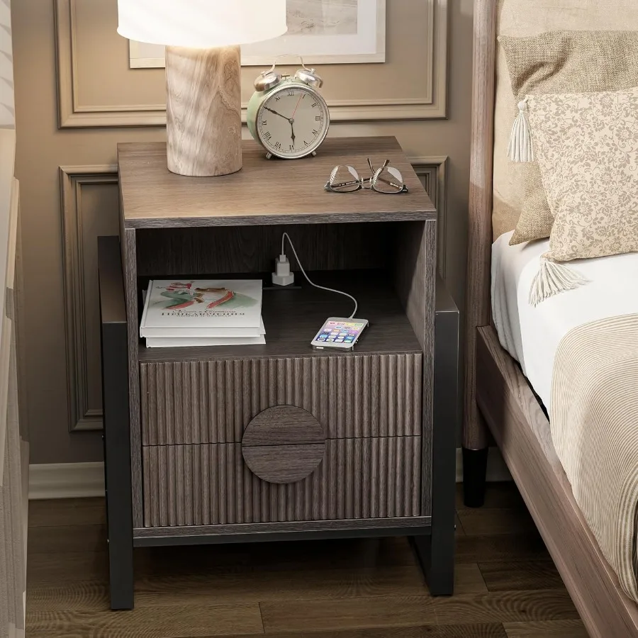 Modern Fluted Nightstand with Charging Station Farmhouse 2Drawer Nightstand with Textured Drawer Fronts and USB Charging Ports