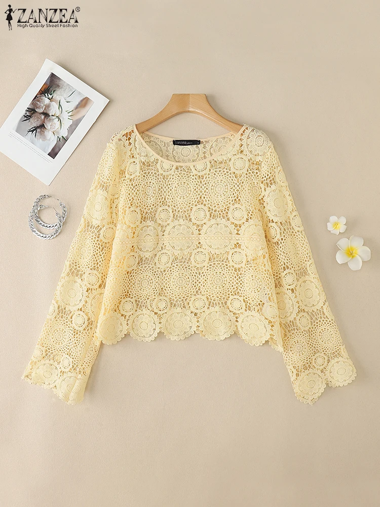 

ZANZEA 2025 Summer Womens Tops Day Wear O-Neck Bohemian Openwork Blouses Fashion Long Sleeve Casual Crochet Lace Blusas Mujer