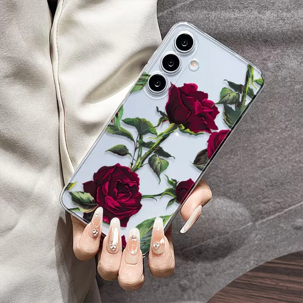 Aesthetic Red Rose Floral Phone Case For Samsung S26 S25 S24 S23 S22 S21 S20 Ultra Plus FE 5G Transparent Shockproof TPU Cover