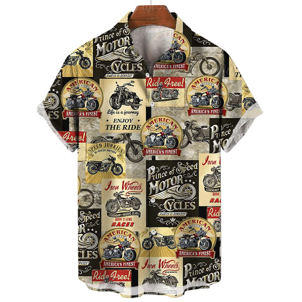 Vintage Men\'s Shirts Motorcycle Tees Route 66 Print Short Sleeve Top Summer Clothing Multiple Pattern Shirt Oversized Streetwear