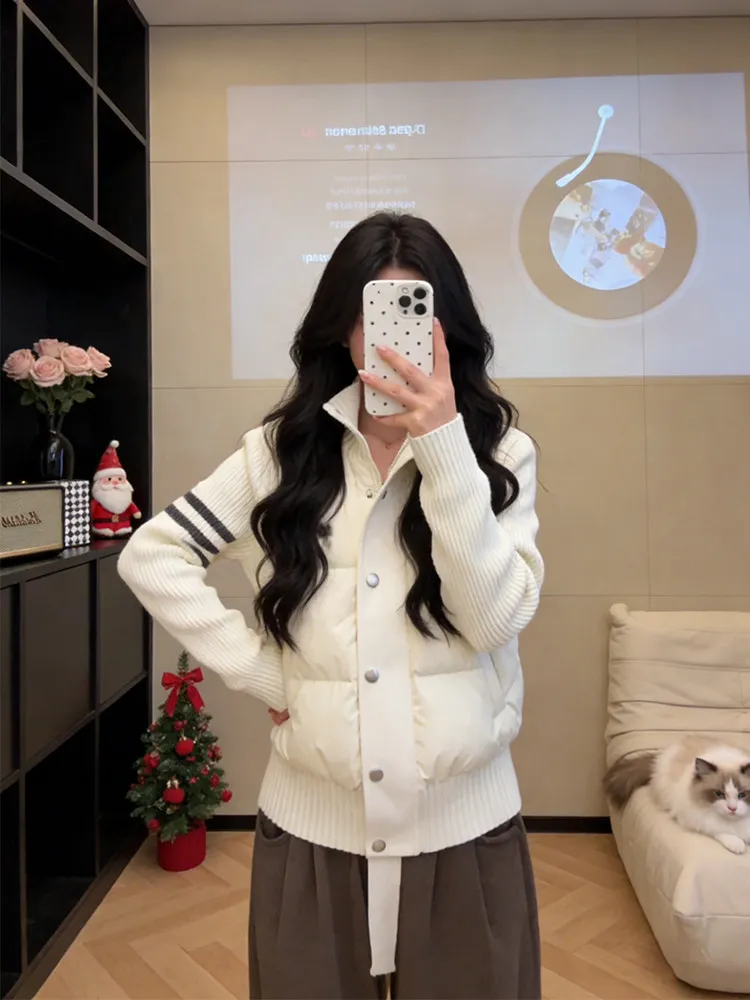 

Korean Sle Bread Sle Jaet Women's Winter New Small Size Stand Collar Warm Knitted Patchwork down Cotton Coat Outerwear
