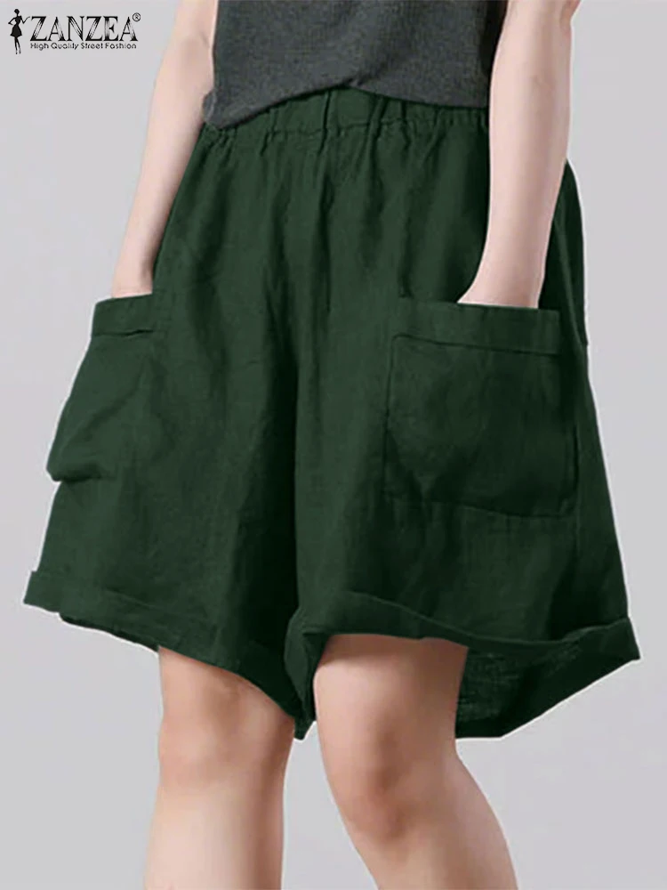 ZANZEA-pantalones cortos Vintage de verano para mujer, pantalones de cintura alta elástica con bolsillos, pantalones de pierna ancha de Color sólido, pantalones cortos informales sueltos