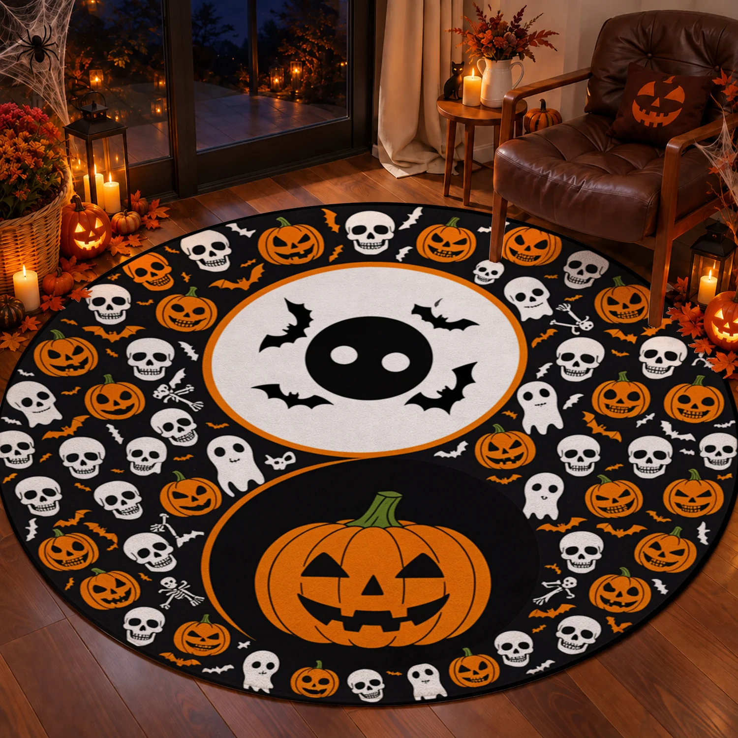 Halloween Skull Pumpkin Ghost Bat Pattern Soft Round Velvet Rug Machine Washable for Living Room Dining Room Entryway Ideal for Halloween Thanksgiving Christmas New Year Black Friday Cyber Monday