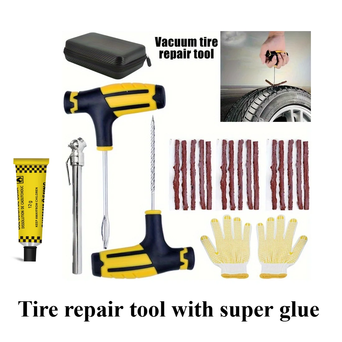 

Tire Repair Kit with Strong Glue. The glue has excellent adhesion performance and can repair various tire damages.