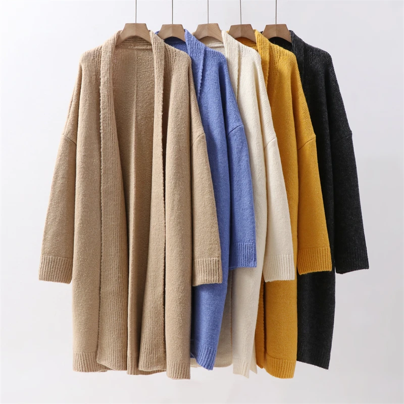 Long over the knee imitation alpaca cardigan women's solid color thick thread knitted jacket loose plus size sweater