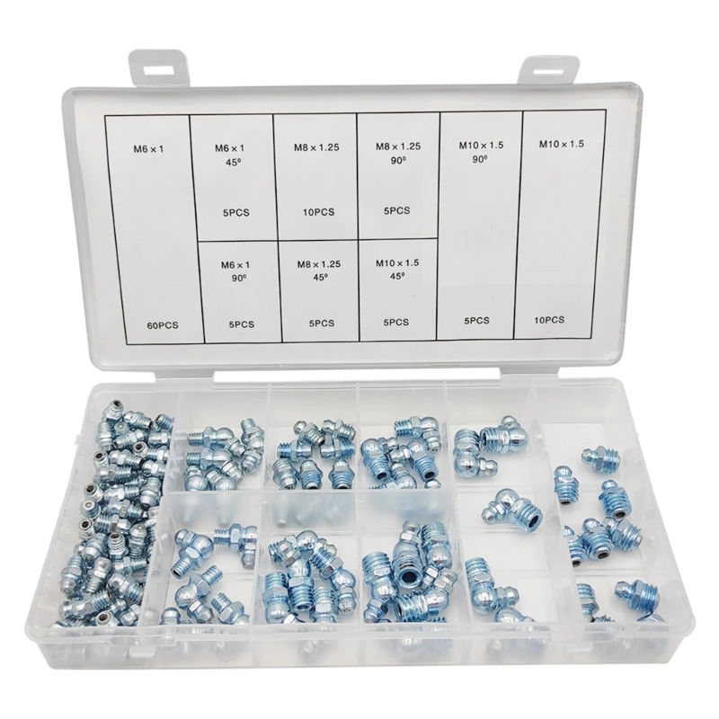 110Pcs Hydraulic Grease Zerk Assortment 45 90 Degree Grease Guns Fittings Straight and Angled Grease for Grease Guns