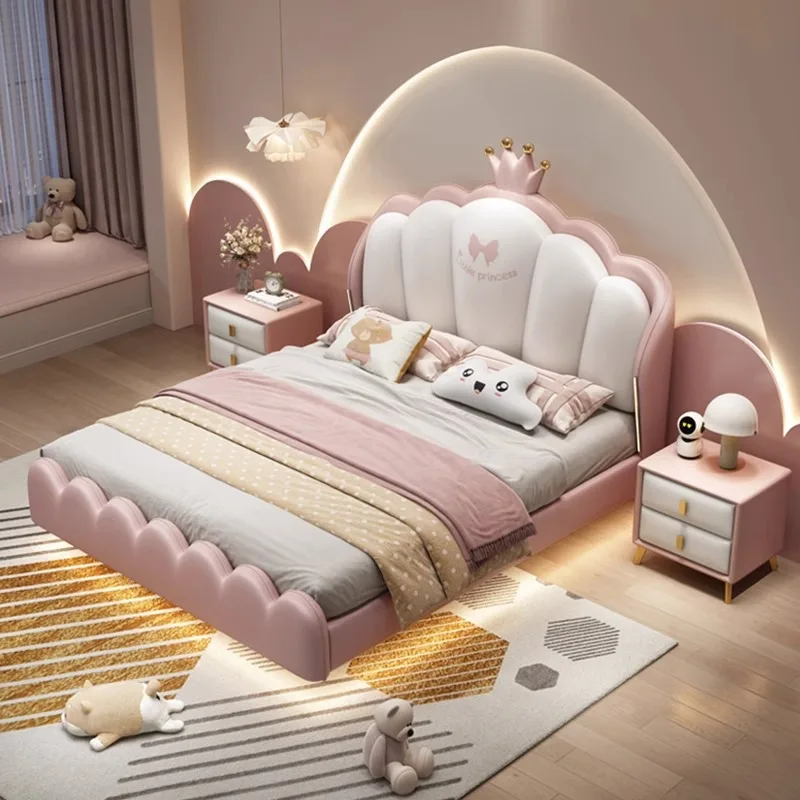 

Bedroom Furniture Suspended Solid Wood Children's Bed Girls Dream Princess pink Crown Double Kids Bed