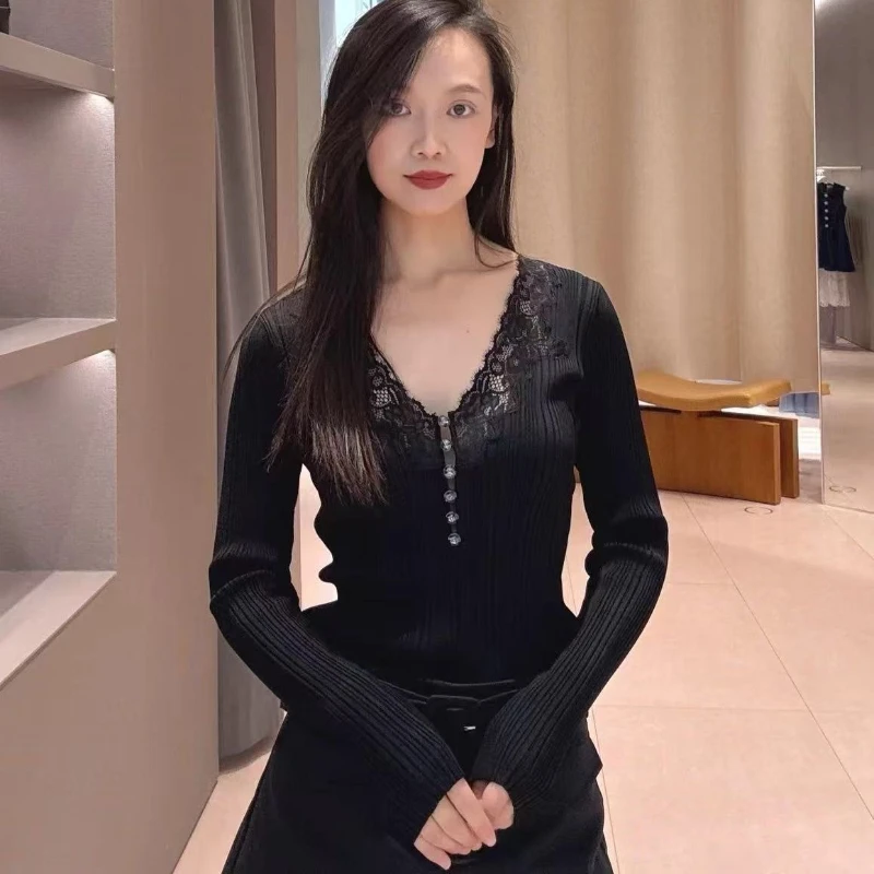 

Women's Black Patchwork Lace Sweater V-Neck Hollow Elegant Ladies Top