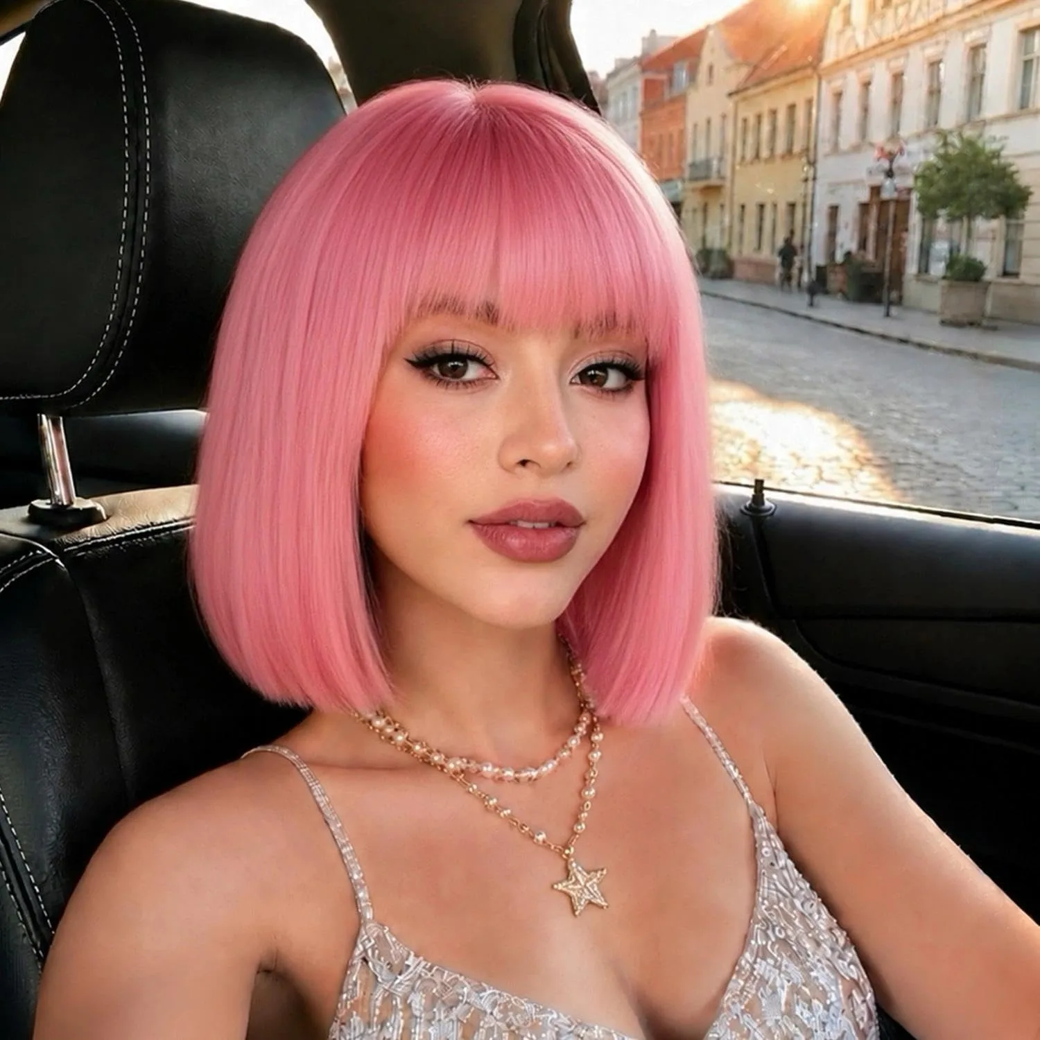 

Pink fashion bob hairstyle synthetic wig - Halloween party cosplay role-playing wig - Daily party wig - Hot wire wig set
