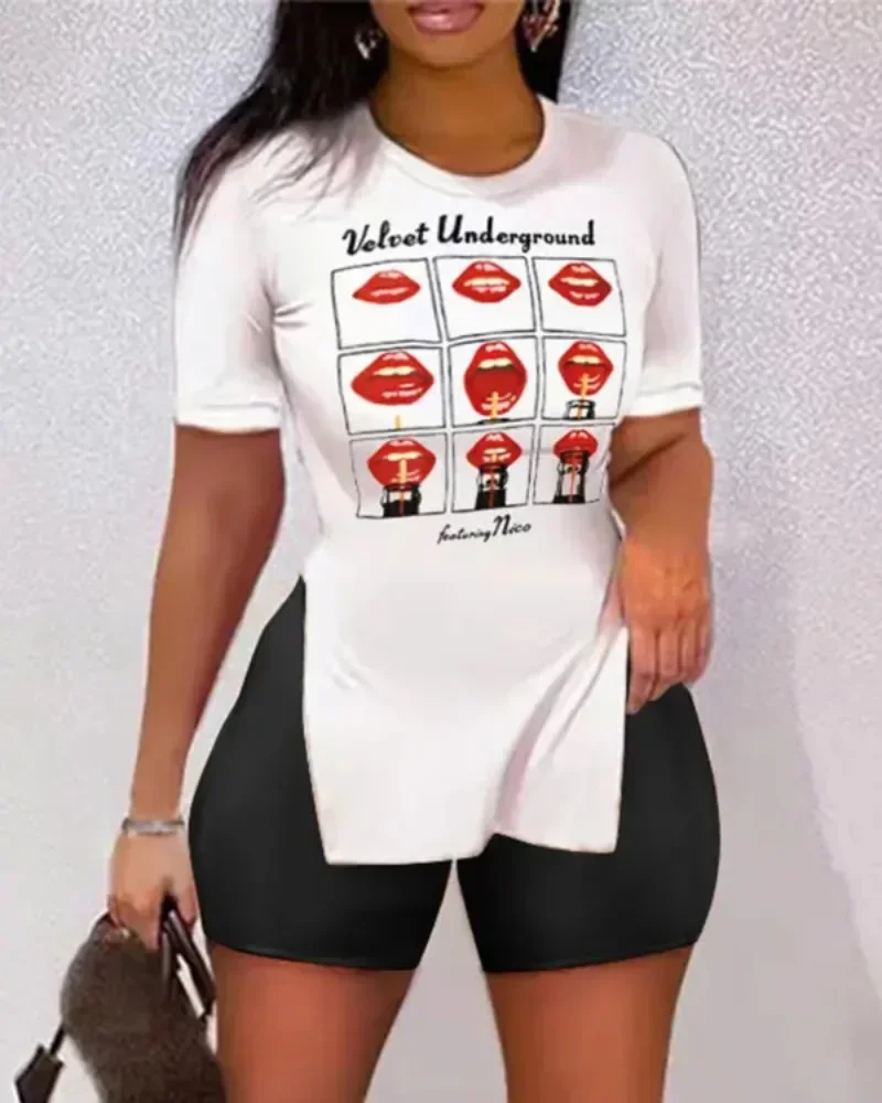 Summer 2024 Women\'s 2 Piece Shorts Sets Round Neck Print Short Sleeve T Shirts Tops Suits Side Split Elastic Waist Trousers