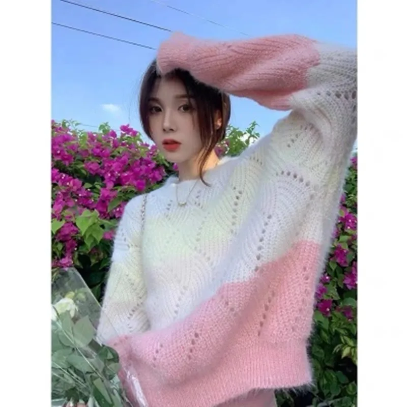 

Lazy Wind Outside Wear Hollow Long-Sleeved Knitted Pullovers Autumn Women's 2022 New O Neck Sweet Loose Soft Sweater