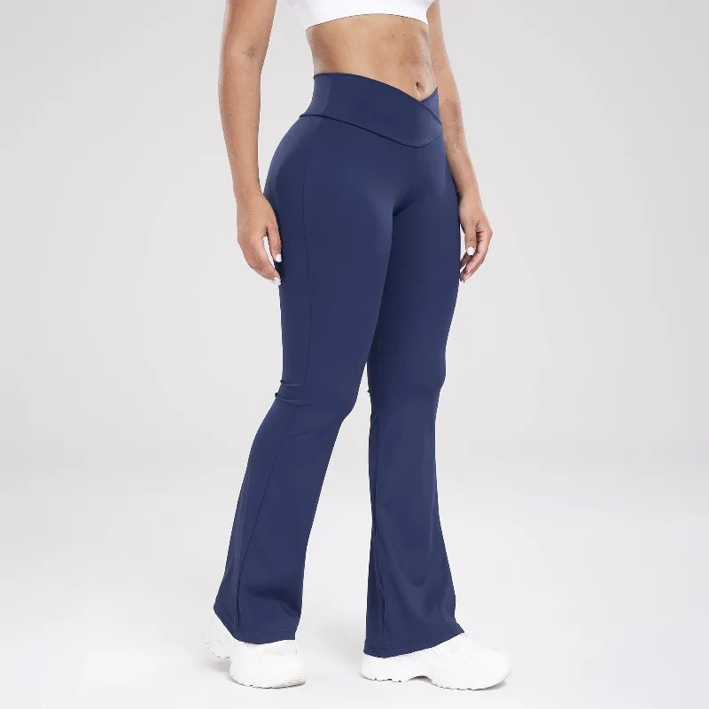 Pantalones deportivos de cintura cruzada para mujer, pantalones informales con parte inferior acampanada, pantalones de Yoga ajustados, levantamiento de glúteos de cintura alta, mallas de color melocotón