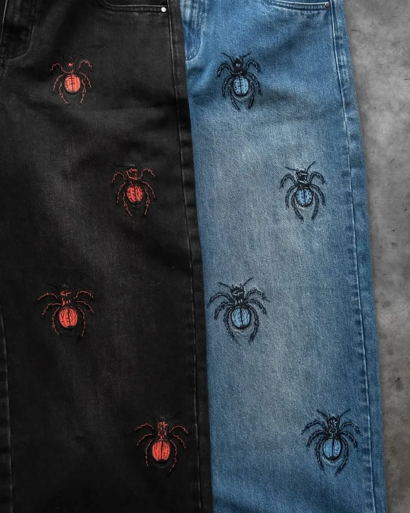 Y2K กางเกงยีนส์ผู้ชาย Vintage American Spider รูปแบบกางเกงขากว้าง streetwear hip hop Harajuku ผู้ชายผู้หญิง Street แฟชั่นกางเกงยีนส์ขากว้าง