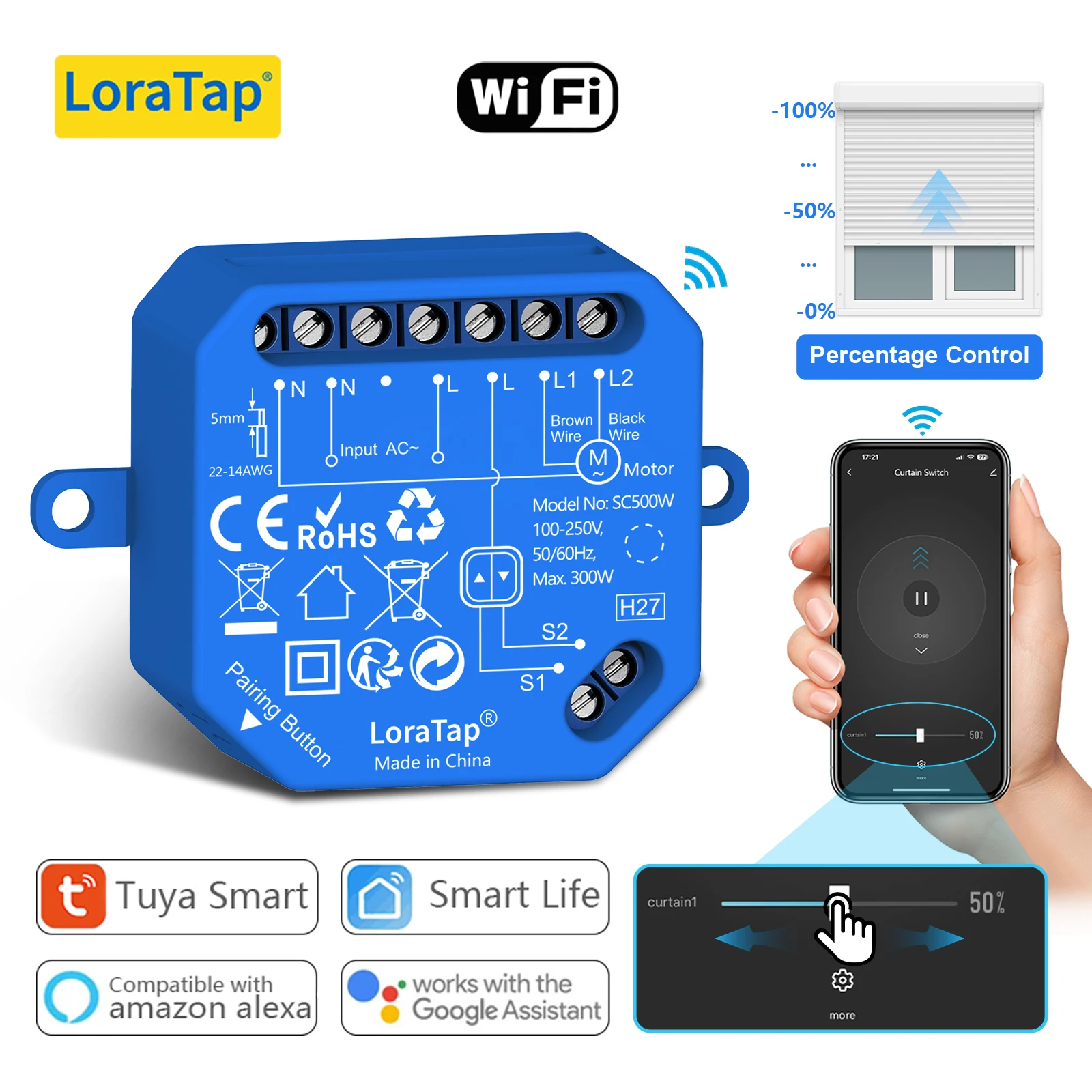 

Беспроводной переключатель жалюзи для трубчатых двигателей, процентный прогресс, приложение Tuya Smart Life, дистанционное управление, Google Assistant