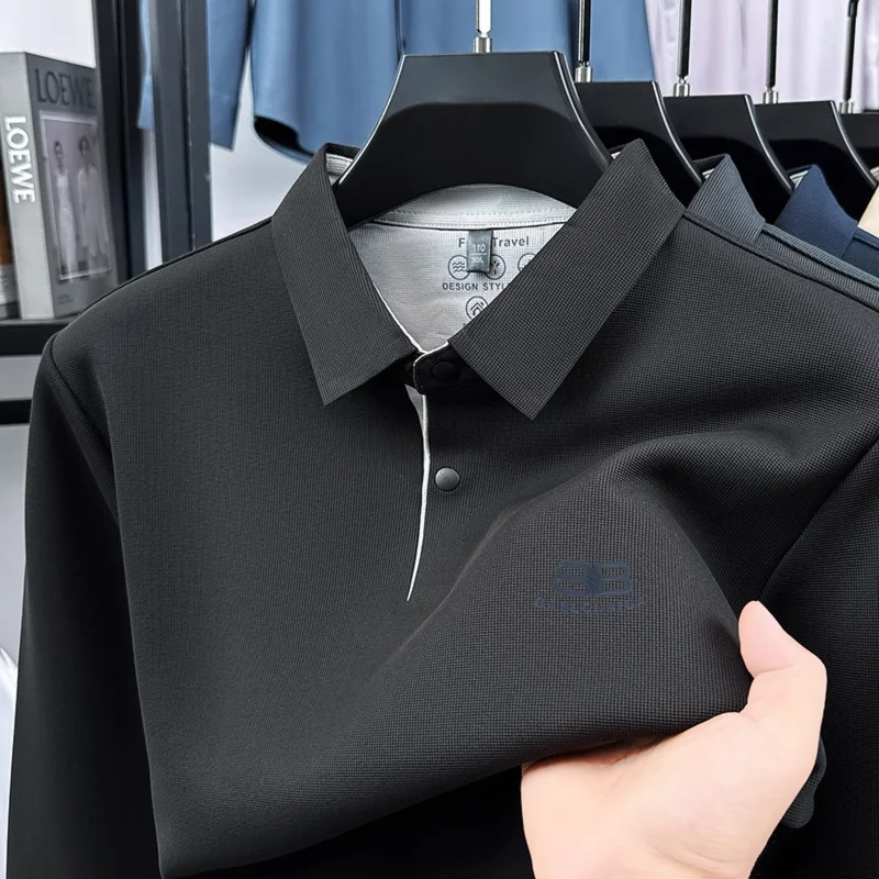 Herren Langarm-Poloshirt Fleece-Gefüttert Verdickt Buchstabendruck Revers Knopfleiste Frühling Neu Nahtloses T-Shirt Freizeit Herrenbekleidung