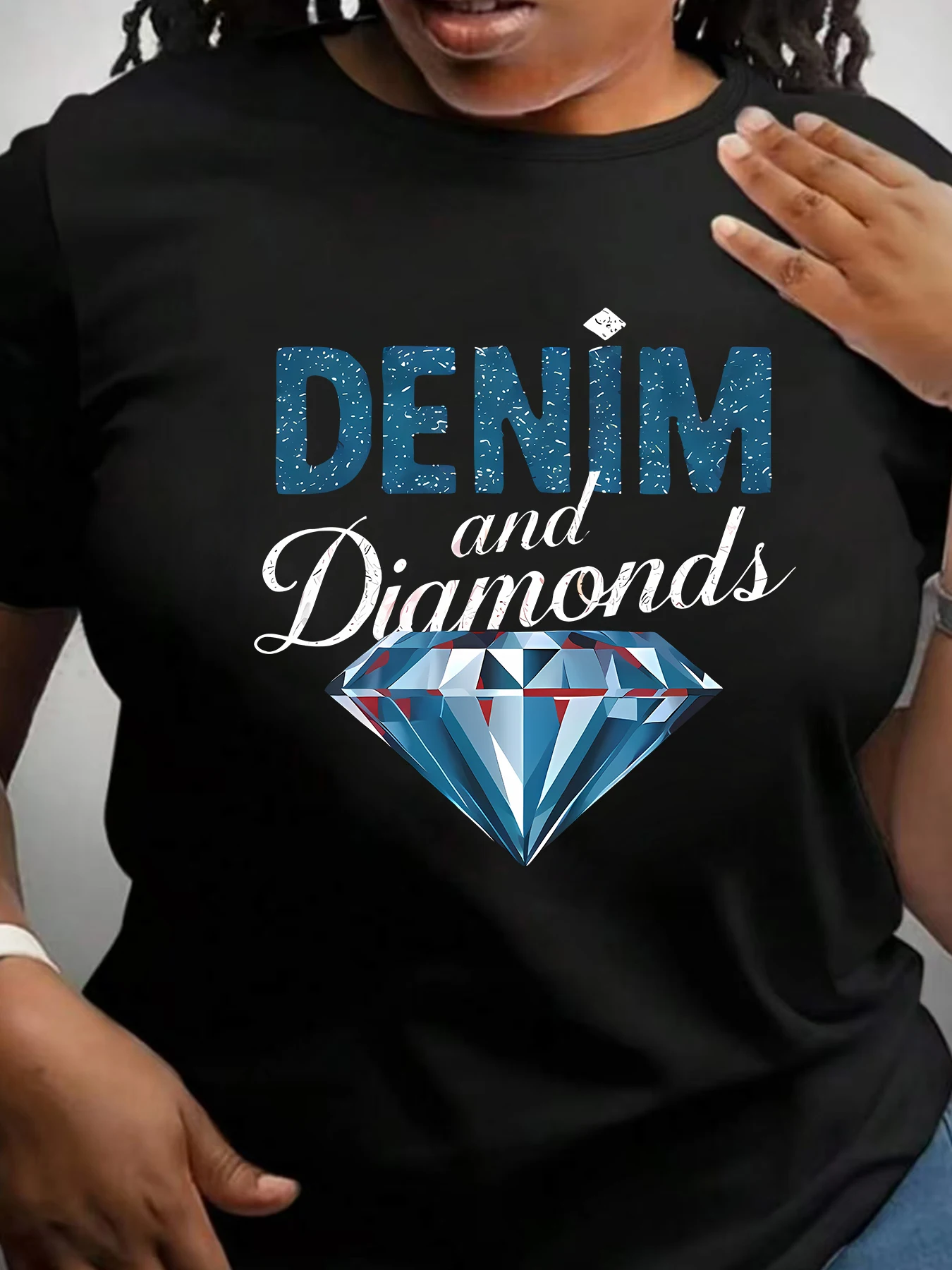 

Diamond Plus size women's round neck short sleeve T-shirt with elastic half sleeves and trendy prints