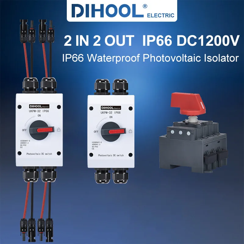 DC PV Photovoltaic Isolator Switch  IP66 Waterproof 600V 1200V 2 Strings 2 Out 16A 32A Disconnector for  Solar System