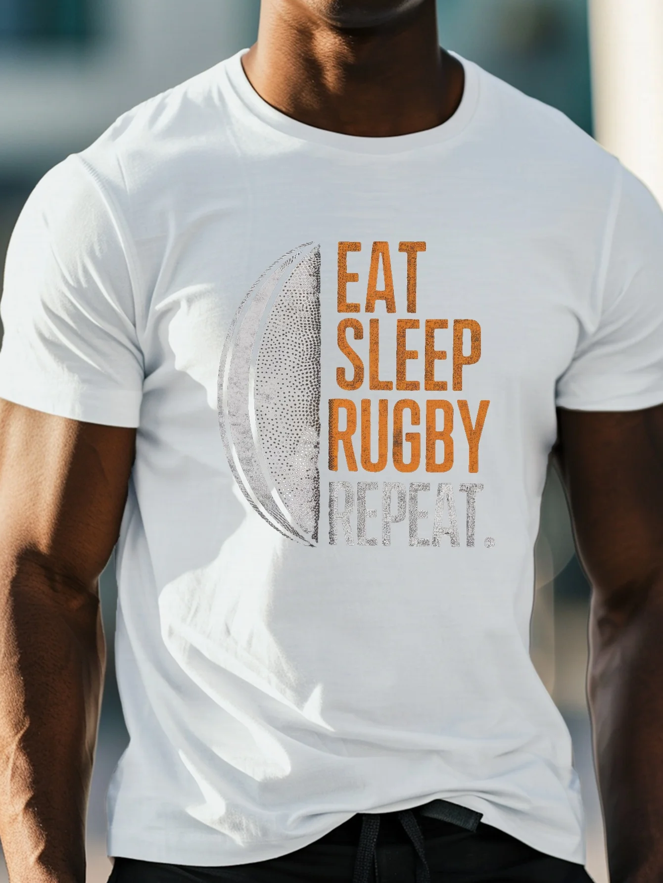 Eat Sleep Rugby Repeat" 남성용 캐주얼 티셔츠 - 여름용 편안하고 가벼운 크루넥 티셔츠, 통기성 폴리에스테르