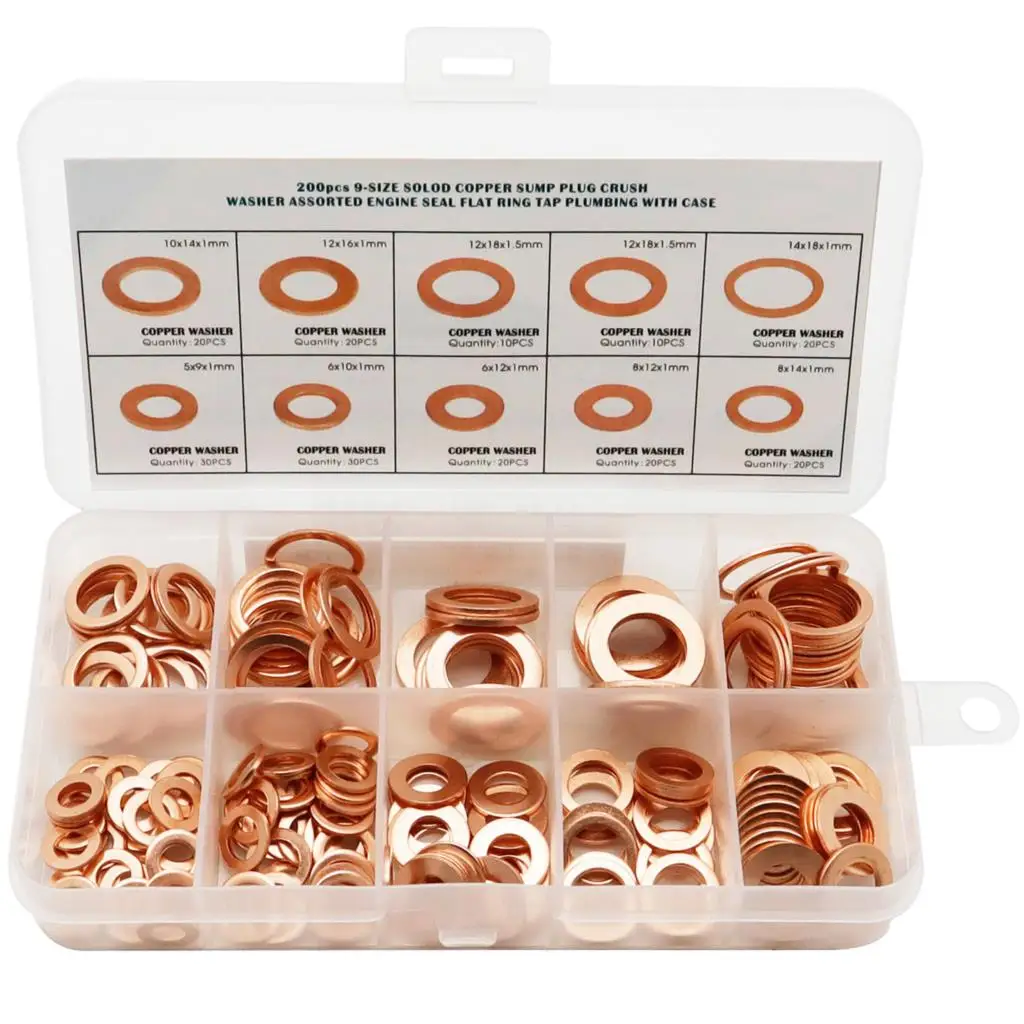 200Pcs Copper Washer Gasket Nut Bolt Set Flat Seal Sealing O Ring Solid Gasket Assortment Kit Car Engine Oil Gasket Sump Plug