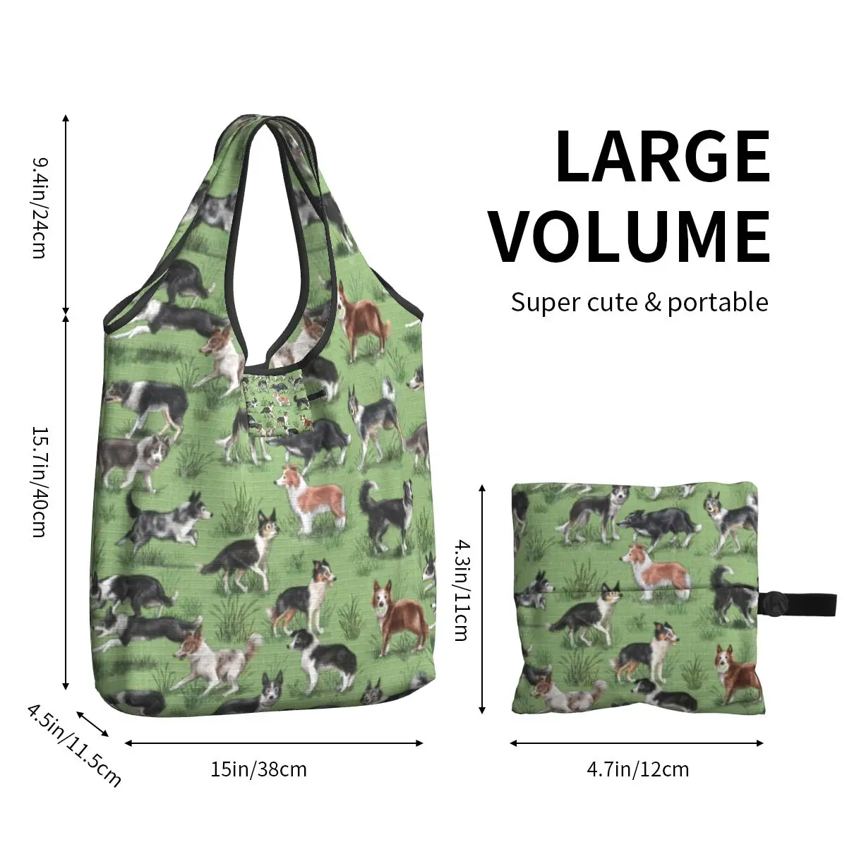 Kawaii Print Kawaii Border Collie Dog Tote Shopping Bags Portable Shoulder Shopper Pet Animal Handbag