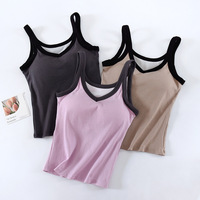 Ribbed Women's Camisole With Padded Wireless Bust Solid Color Casual Slim Undershirts V- Neck Camis Sexy Tank Female Outwear