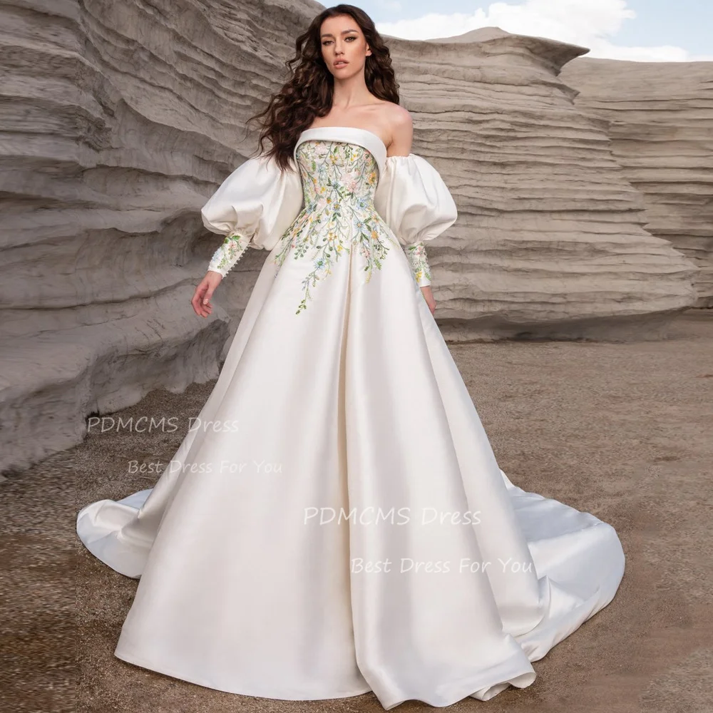 Elegant Satin Strapless A Line Wedding Dresses Vivid Princess Bridal Gowns Bride Customized Appliques Detachable Sleeves Women