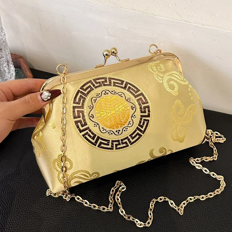 Retro Women Gold Embroidery Lock Shell Clip Shoulder Bags Chain Messenger Bags Clutch Green Handbags And Purses Crossbody Bags