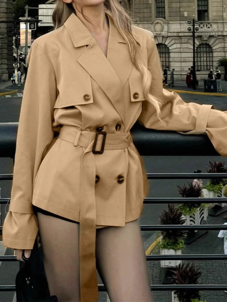 

Elegant Casual Fashionable Trench Coat for Women's Autumn New Collection of Women's Khaki Color Waist Cinched Short Coat
