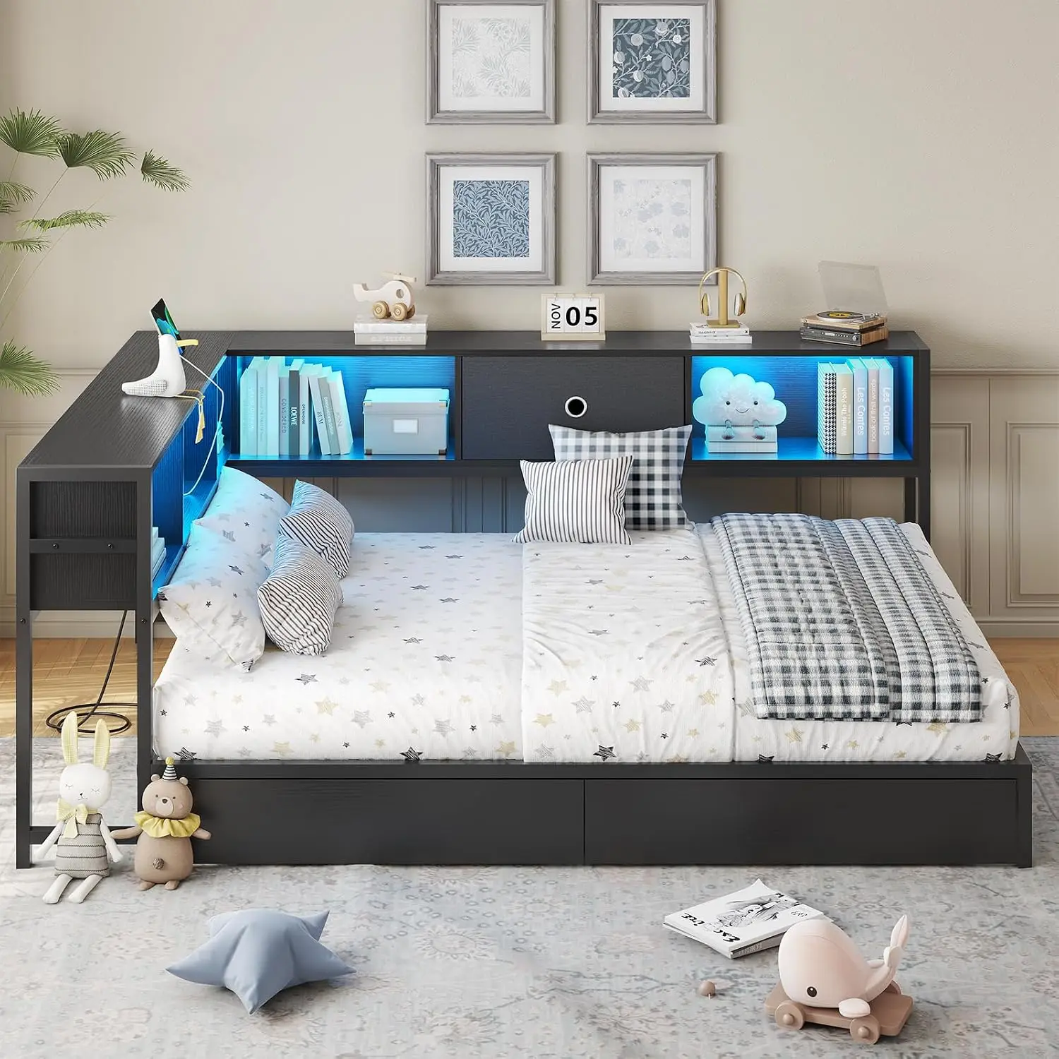 Corner Bed Frame Bookcase LED Lights Metal Platform Full Storage Drawers Charging Station Daybed Teen Adult Black, Customized image 2