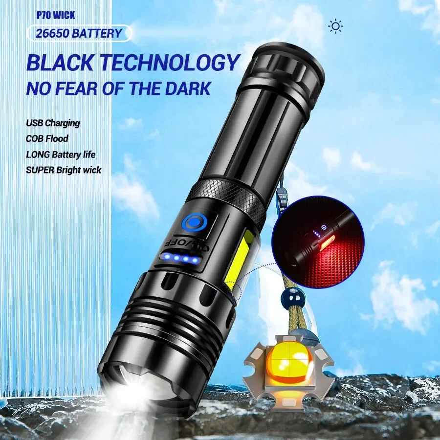 Superhelle XHP70 Leistungsstarke LED-Taschenlampe Power Bank Taschenlampe USB wiederaufladbar Camping Taktische Taschenlampe mit COB-Lampe