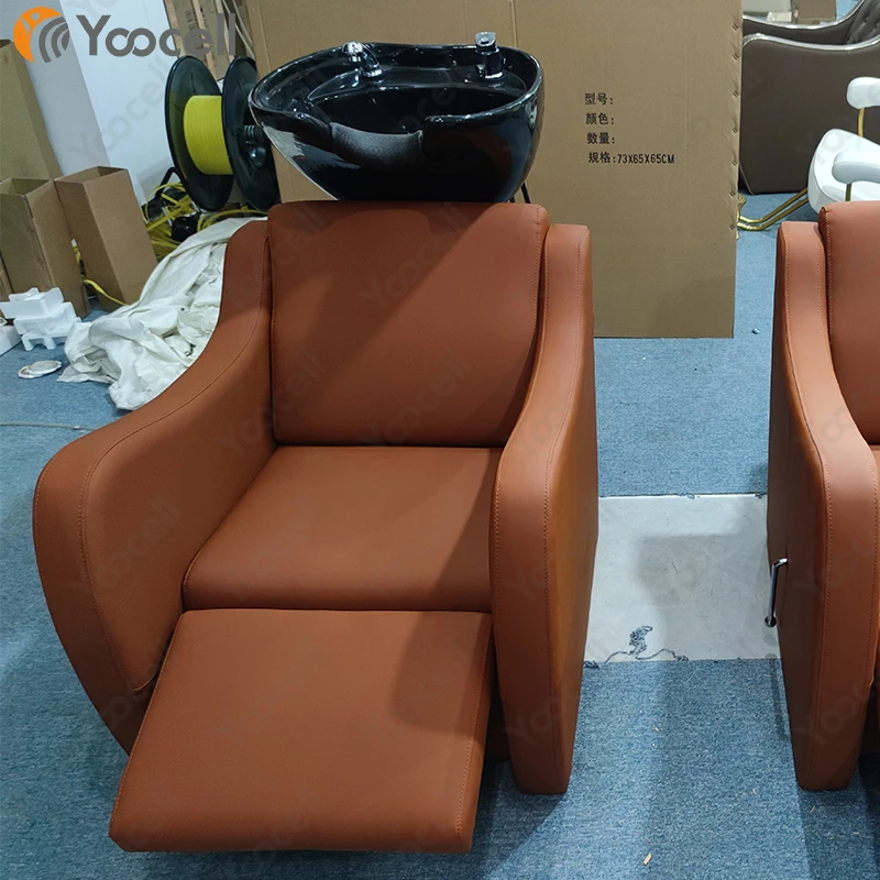 Yoocell Caramel Colour Salon Furniture Shampoo Station Sink And Chair Shampoo Backwash Unit Hair Salon With Footrest