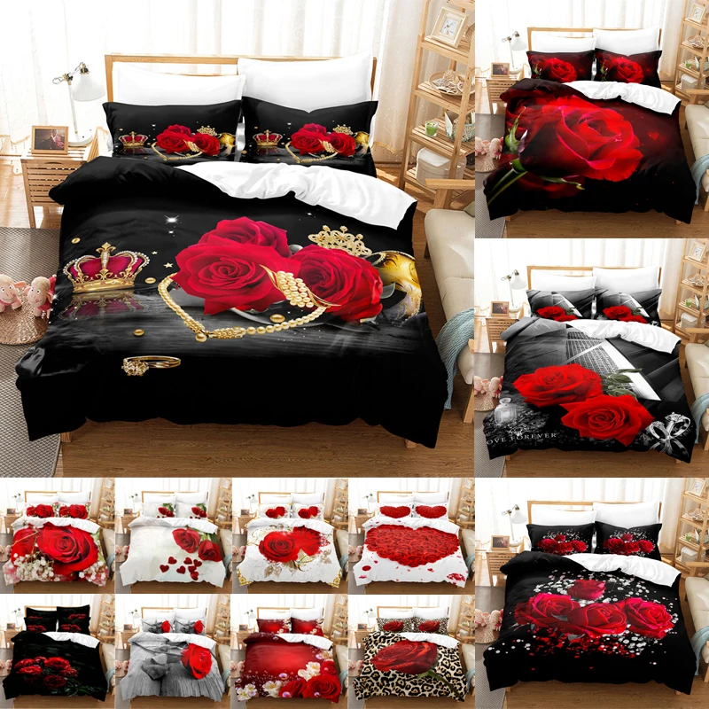 Red Roses Duvet Cover Set Queen Size King Full 3D Bedding Sets Flower Pillowcase Quilt Linens Single Double Bed