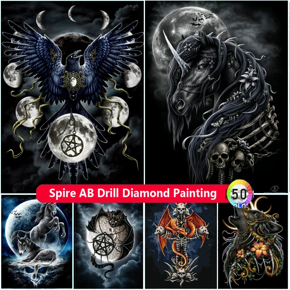 Sinister Wings AB Drills Diamonds Mosaic Painting Dark Unicorn Bat's Moon Picture 5D Diy Cross Stitch Home Decor Embroidery Gift