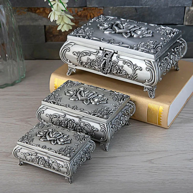 European alloy metal Vintage M/L size Jewellery Case Jewelry Box Metal trinket box Carved Flower Rose Square Shapsd Z035
