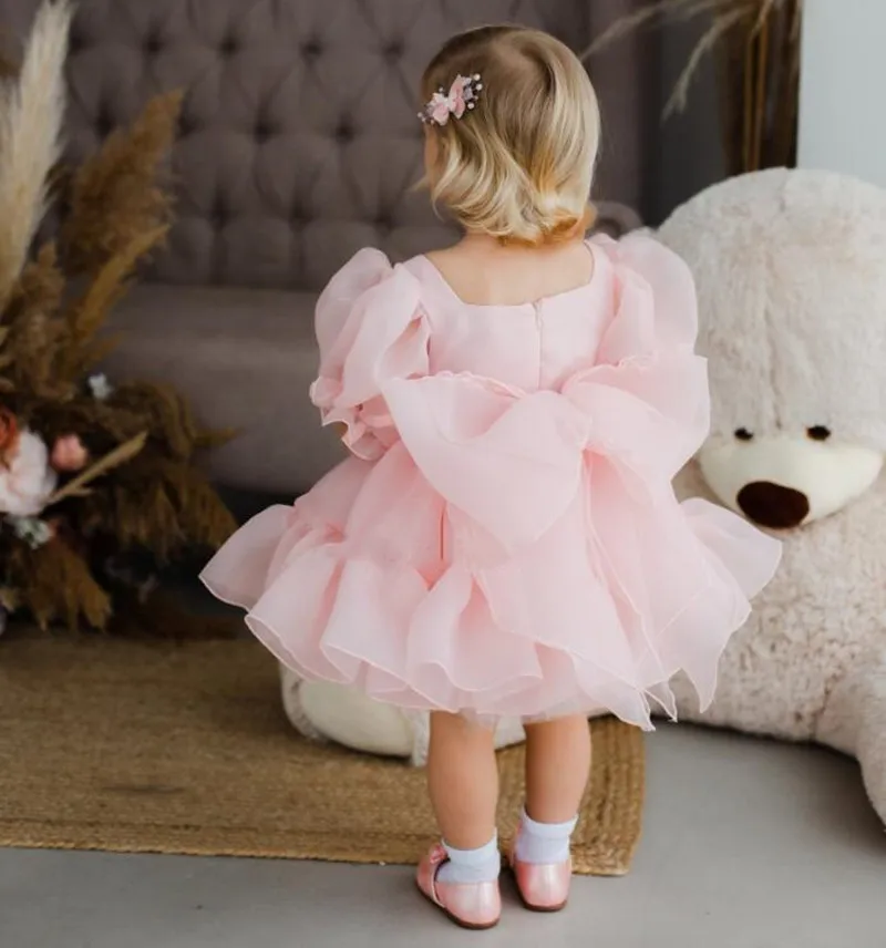 Pink Puffy Girl Costume Tutu Criança Frock Kid Joelho Comprimento Flower Girl Dress Roupa de aniversário infantil com grande arco