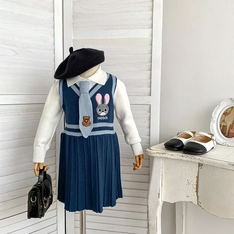 Kids Clothes Girl Dress Cute Zootopia Judy Hopps Knitted Dress Preppy Cartoon Rabbit Pleated Dress Baby Girls Party Dresses