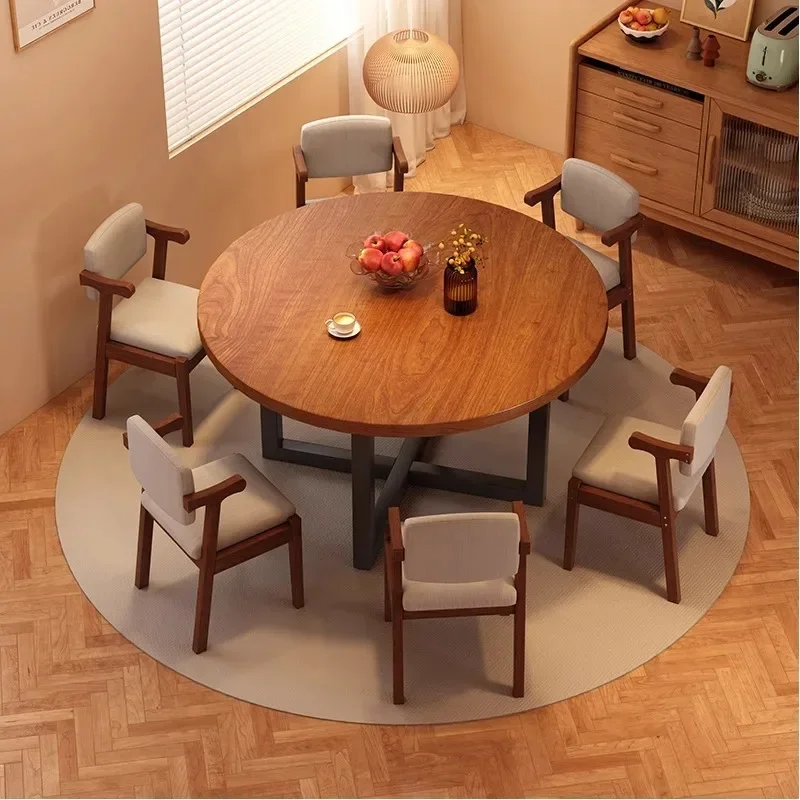 Round table walnut color household small apartment thickened dining table negotiation table and chairs commercial