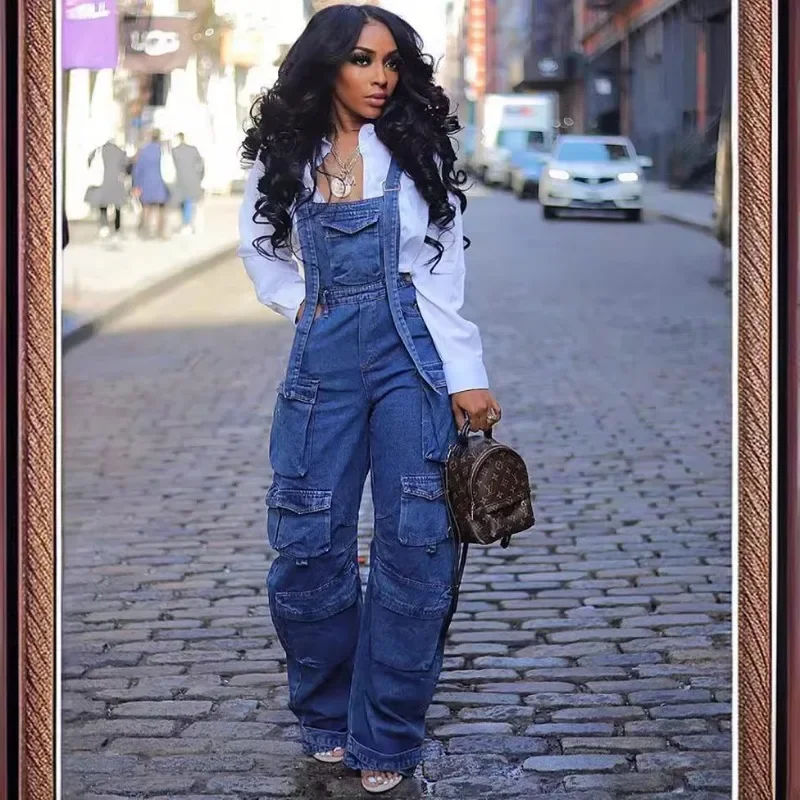 Women Jumpsuit Fashion Rompers Streetwear Sleeveless Denim Vintage Loose Jeans Overalls Pockets Wide Leg Female Pants