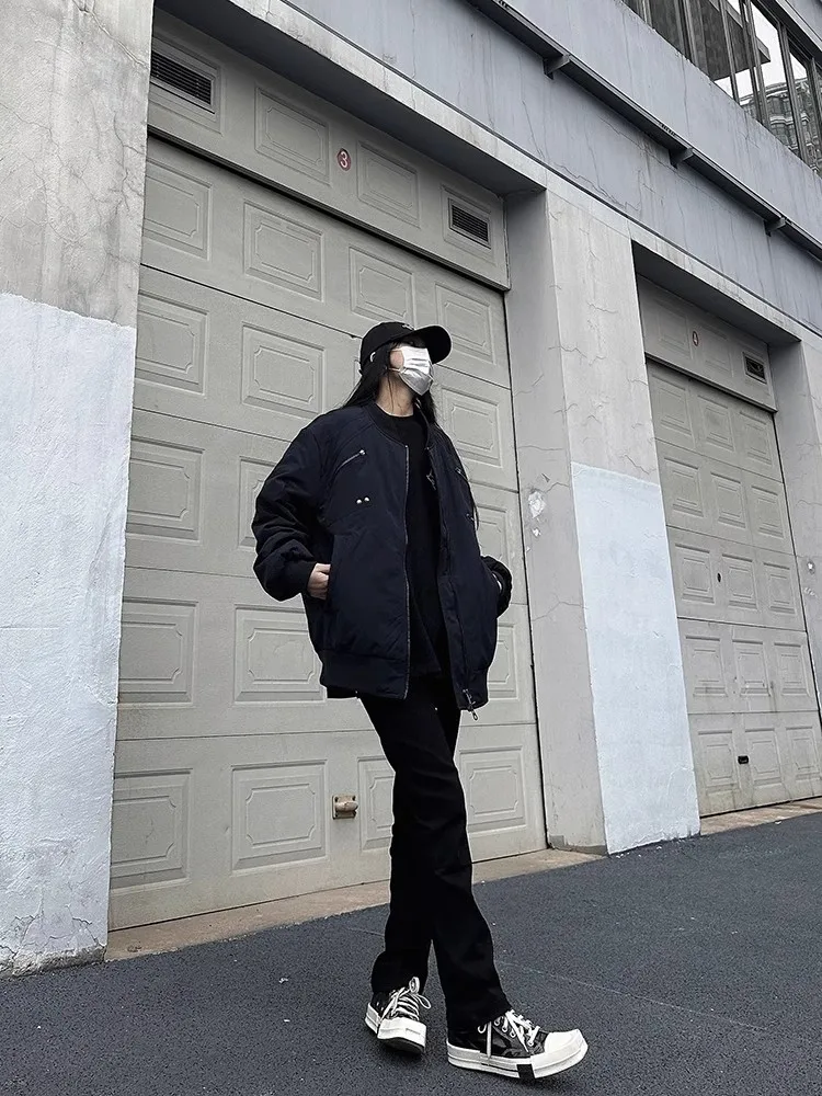 Amerykańska kurtka retro z zamkiem błyskawicznym, odzież wierzchnia męska i damska, jesień-zima, stójka, efekt pogniecionej tkaniny, dopasowany krój, bawełna, modny płaszcz.