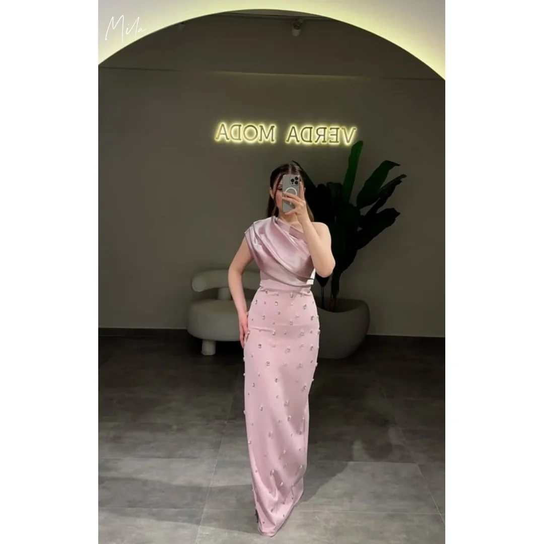 

Mila Pink Prom Dresses Pearls Slanted Shoulders Customized Formal Evening Sleeveless Floor-Length Backless vestidos de gala