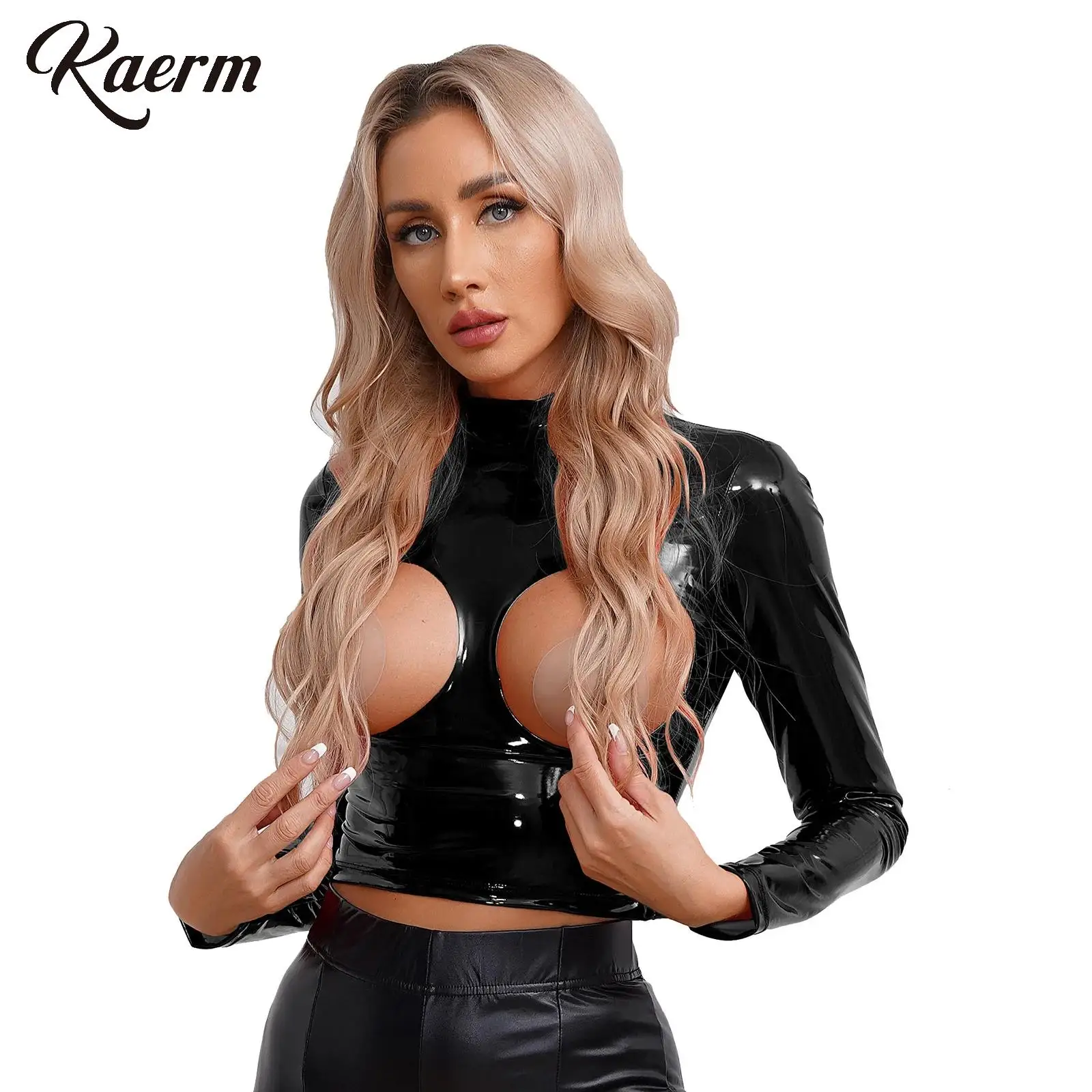 

Womens Glossy Patent Leather Erotic Lingerie Top Long Sleeve Hollowing Out Breast Back Zipper Sexy Bodycon Top for Going Out