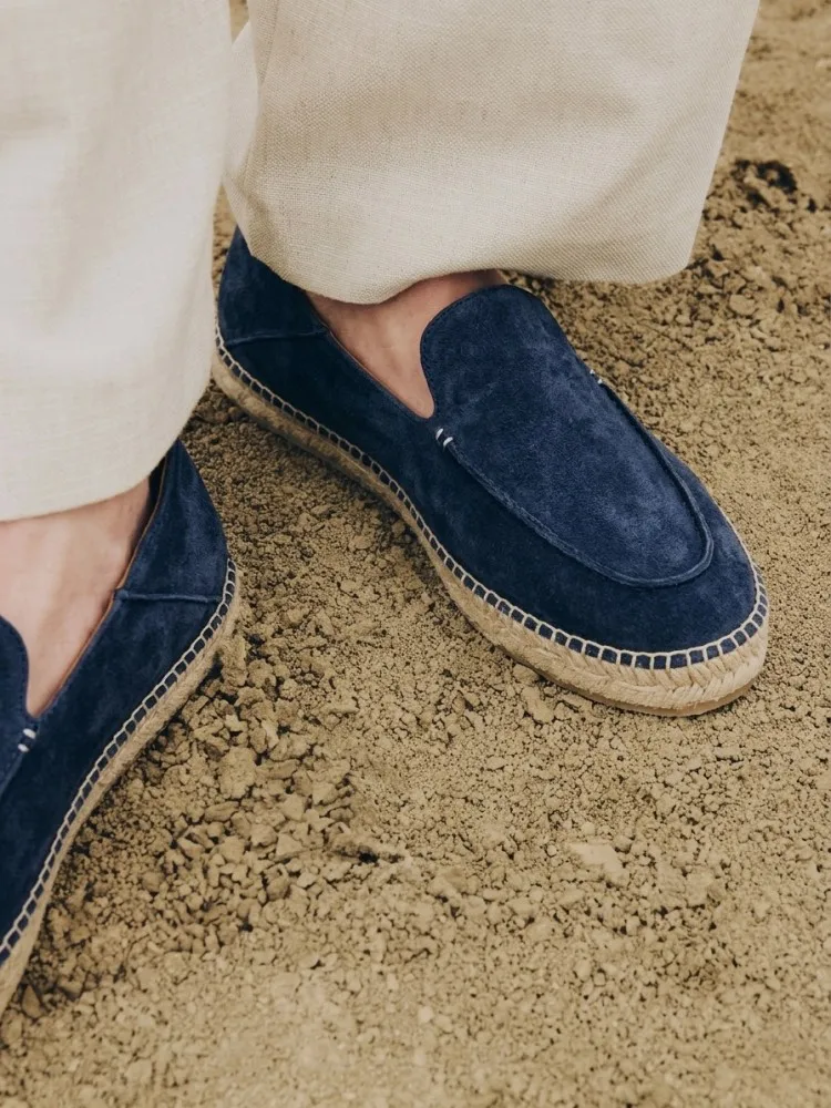 Mens Summer Real Suede Leather Slip On Loafers Comfortable Low Cut Round Toe Weave Platform Flats Business Casual Driving Shoes