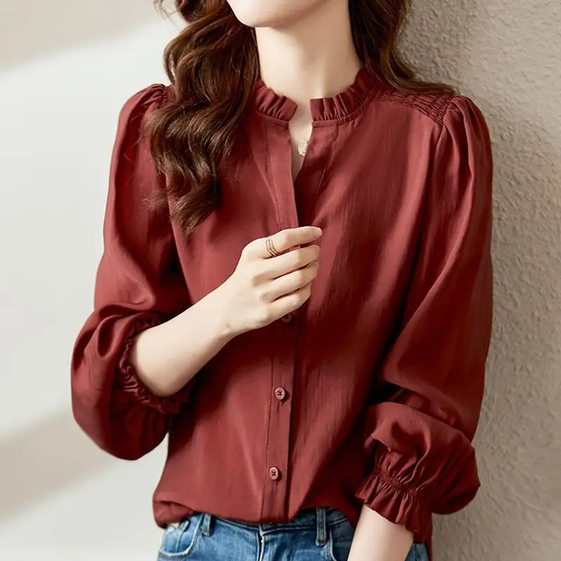 2023 Spring New Women\'s Clothing V-Neck Solid Color Long Sleeve Fashion Casual All-match Loose Temperament Thin Vintage Shirt