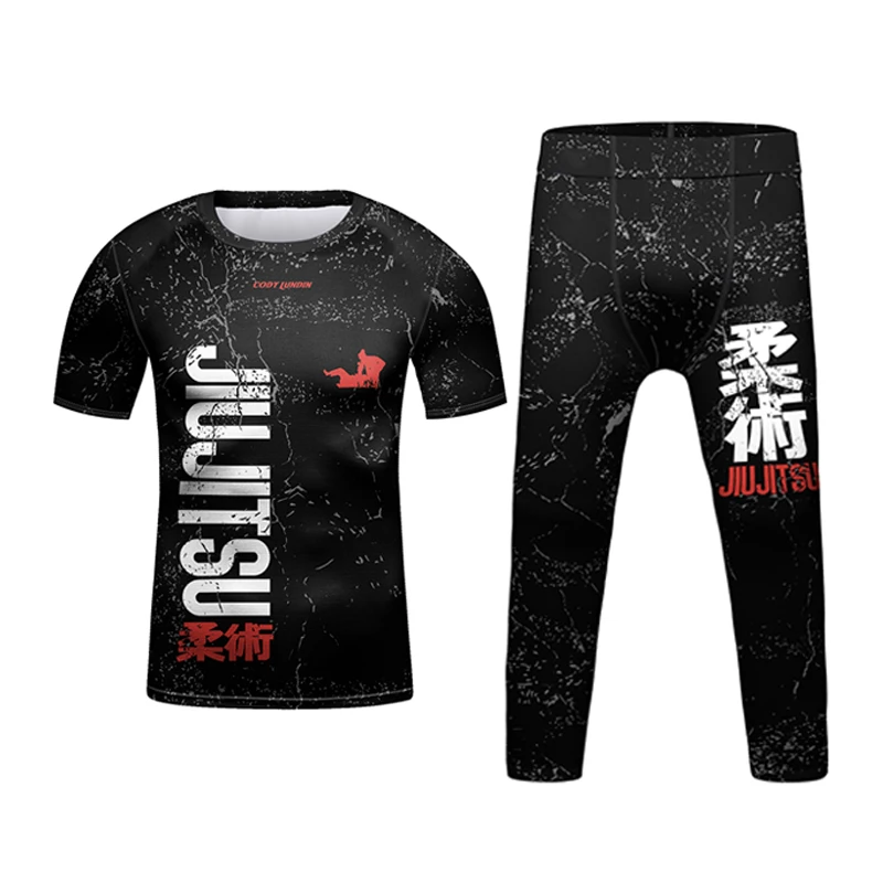 Dziecko Kimono Jiu Jitsu rshguard dzieci t-shirt Mma + spodnie 4 szt./zestaw spodenki Muay thai Bjj wysypka strażnik chłopiec boks koszulki sportowe